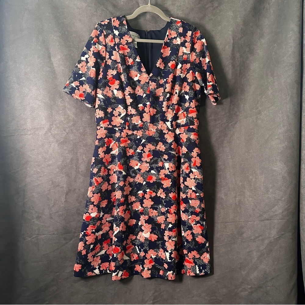 Donna Morgan Piqué Floral Fit & Flare Dress Navy Coral Size 14 Cocktail Wedding - Picture 3 of 13